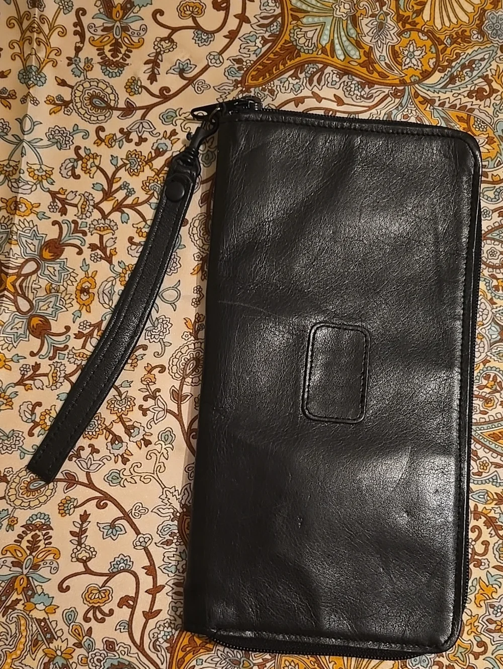 Vtg Bugatti Passport Travel Black Leather Zip-Around Wristlet Wallet with Strap